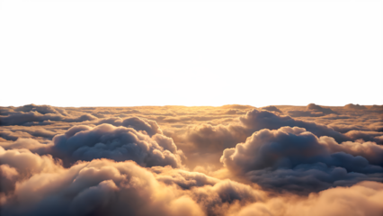 Aerial view of a sea of clouds at sunset, bathed in warm golden light, isolated on transparent background