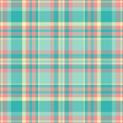 Pastel plaid pattern in teal, peach, and yellow. Perfect for textile design, website backgrounds, or crafting projects. This cheerful and versatile image evokes feelings of spring and summer.