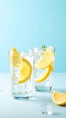 Refreshing Lemonade or Soda with Ice Cubes on a Blue Background