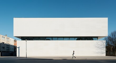 A minimalist, modern white building with a person walking across the plaza.