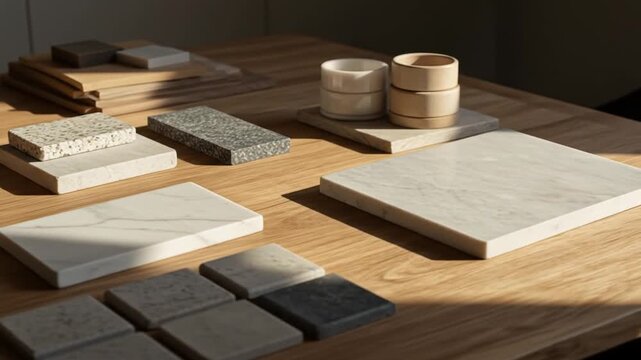 Natural Stone and Wood Samples in Sunlight