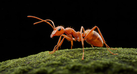 Close-up of Red Ant Walking on Green Moss with Transparent Background
