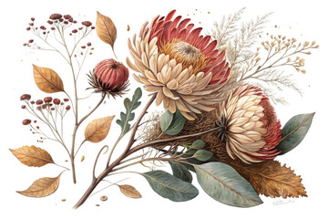 Watercolor floral illustration with autumn flowers isolated on transparent background.