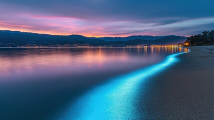 Fototapeta premium A serene twilight scene featuring a glowing blue bioluminescent shoreline, reflecting soft hues of purple and orange across calm waters and distant hills.