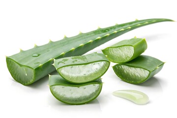 Fresh aloe vera plant slices and gel on white background