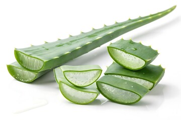 Fresh aloe vera plant slices and leaf on white background
