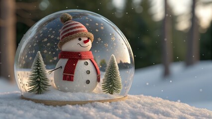 A cute snowman with a striped hat and red scarf is enclosed in a glass snow globe with miniature pine trees, creating a festive winter scene