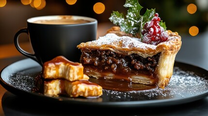 Festive mince pie and coffee with holiday decorations and bokeh lights. National Mincemeat Day