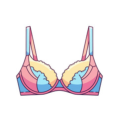 Illustrated bra with pink, blue, and yellow colors, featuring delicate lace detailing.