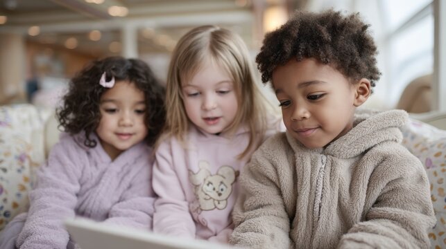 Three diverse children engaging with tablet indoors