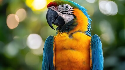 Fototapeta premium Vibrant blue and gold macaw perched in natural habitat. World Parrot Day