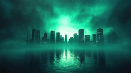 A surreal city skyline illuminated by green lights, enveloped in fog, reflecting on the calm water...