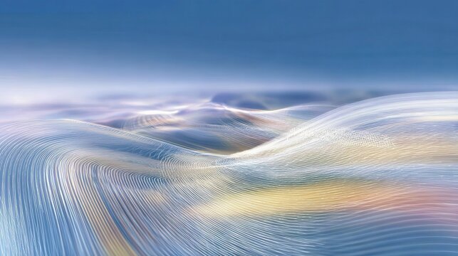 Digital lines undulating, weaving abstract topography beneath azure skies, representing technological landscape with minimalist tranquility