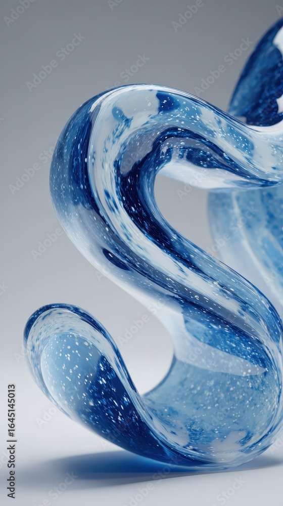 Poster curving glass ribbon with intricate blue particles twisting through translucent surface, generating 
