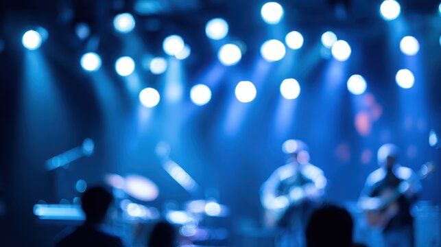 Live concert scene with musicians performing under blue stage lights, crowd blurred in passionate musical moment, capturing raw energy of live music experience