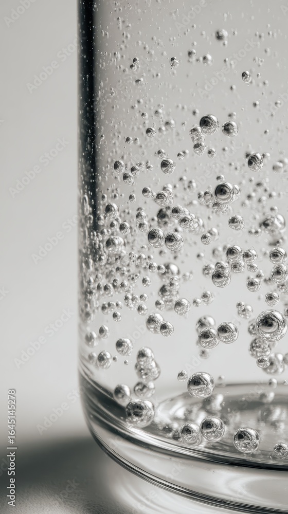 Poster transparent glass containing fizzing carbonated water, featuring bubbling liquid surface and rising 
