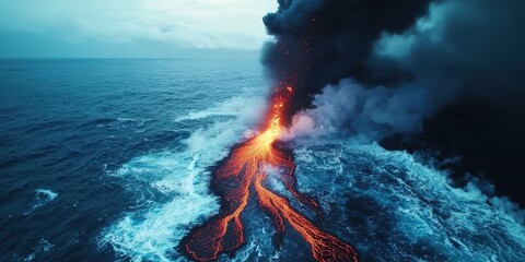 Stunning volcanic eruption flows into the ocean, creating dramatic steam and smoke against the...