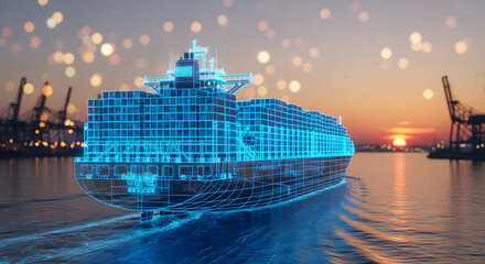 Digital Container Ship at Sunset