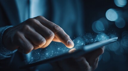 Businessman touching digital tablet screen with finger, activating futuristic glowing lights effect, suggesting innovation, technology, and digital transformation in business