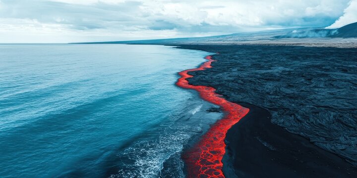 A stunning contrast of blue ocean and red lava flowing into the sea, showcasing the dynamic interaction between land and water.