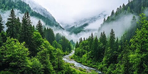 A serene landscape featuring a winding river surrounded by lush greenery and misty mountains, evoking tranquility and the beauty of nature.