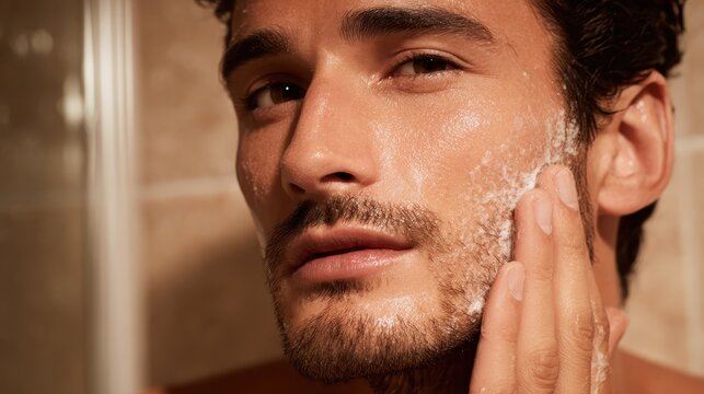Male applying facial cleanser, working gentle circular motions across skin during morning grooming routine in bright, modern bathroom setting