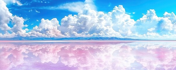 A serene landscape showcasing a vibrant blue sky with fluffy clouds reflecting on a tranquil, pink-hued water surface.