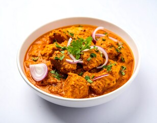 Creamy chicken curry in a white bowl