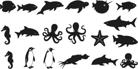 Sea Animal Silhouettes Vector Set, Marine Creatures Icons, Ocean Wildlife Clipart for Graphic Design Projects