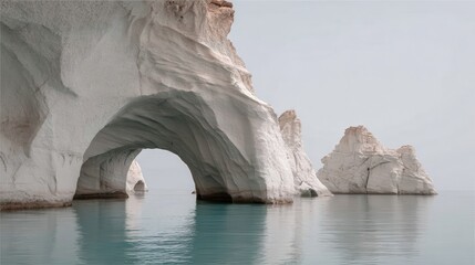 Fototapeta premium Stark white volcanic rock formations creating natural arches mirroring turquoise waters of aegean sea at sarakiniko beach, milos island, greece