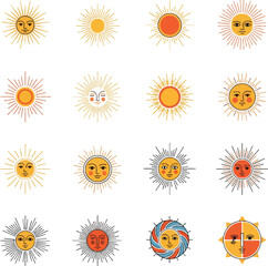 A vector icon set features various sun designs, including floral patterns and summer-themed illustrations in yellow and orange