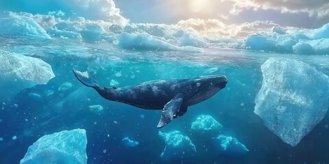 A majestic humpback whale swims gracefully beneath the icy waters, surrounded by floating icebergs and illuminated by sunlight filtering through the surface.