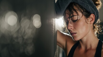 Sweaty sportswoman with towel on her head resting after an intense workout, leaning against a punching bag in a gym, showing fatigue and determination