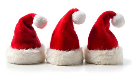 Three iconic red santa hats with fluffy white trim and pompoms, isolated on a white background, symbolizing the festive spirit of christmas and holiday celebrations