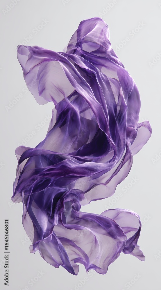 Poster luxurious purple fabric cascading softly, creating fluid abstract silhouettes with translucent sheen