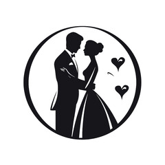 Black silhouette, tattoo of a couple of man and woman in love in a circle on white background. Vector.