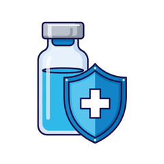 Fototapeta premium Illustration of a vaccine vial filled with blue liquid, protected by a blue shield with a white medical cross.