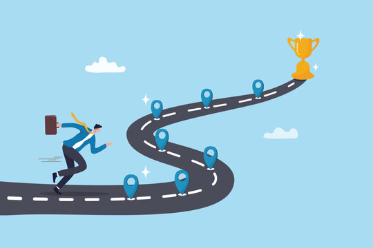 Roadmap to future success, career journey or business plan to reach target, achievement or step to develop and ambition achieve goal, businessman running on business roadmap to reach success trophy.