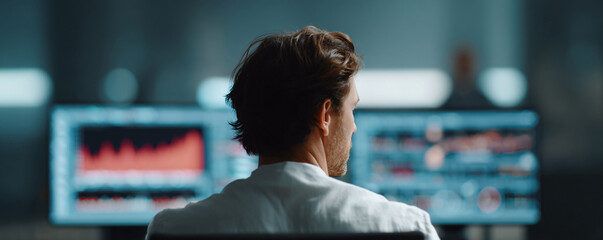Focused professional works, analyzing complex data on monitors. Back view suggests dedication, concentration. Ideal for finance, tech, or business concepts.