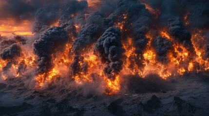 Dramatic Eruption of Volcano with Fiery Lava and Thick Smoke Clouds