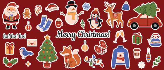 Big vector horizontal Merry Christmas sticker set in hand-drawn style. Cozy winter doodles perfect for seasonal gifts, banners, postcards, and greeting cards. Warm festive collection in flat style.