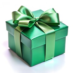 Obraz premium A shiny green gift box with a satin ribbon and bow, isolated on white background