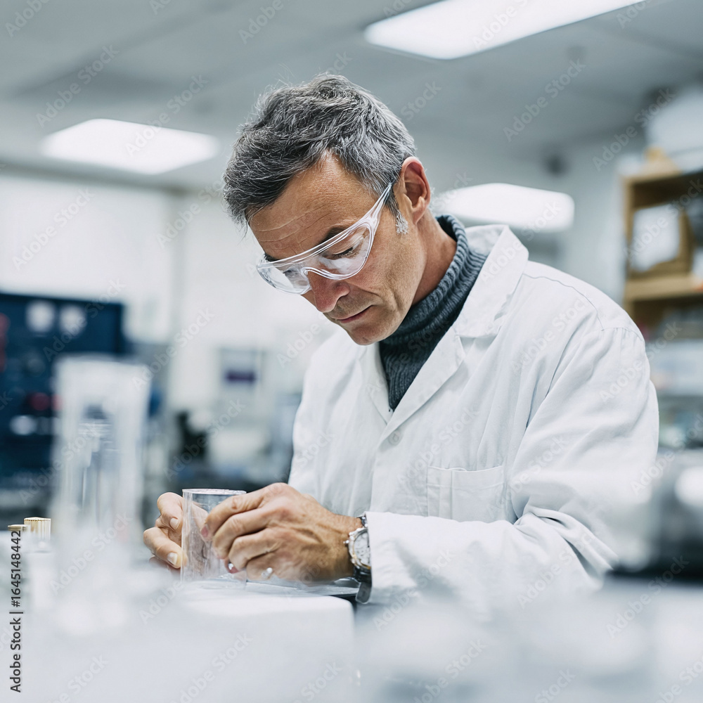 Poster focused scientist meticulously examining a crystal cube in a bright laboratory setting. represents r