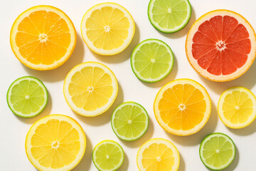Fototapeta premium Vibrant overhead view of assorted citrus fruit slices on a white background