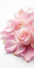 Delicate pink rose petals in soft focus on a white background