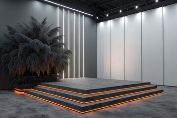 Modern stage with floating canopy and decorative trees