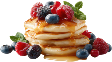 Pancakes stacked with different berries and honey isolated on a white background