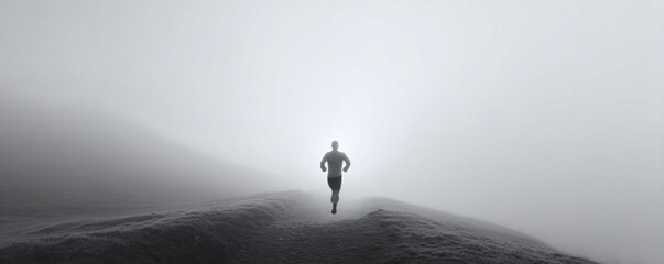 Mysterious monochrome image of a runner silhouetted against dense fog. Evokes determination, challenge, perseverance, and solitude. Ideal for fitness, health, and motivational themes.