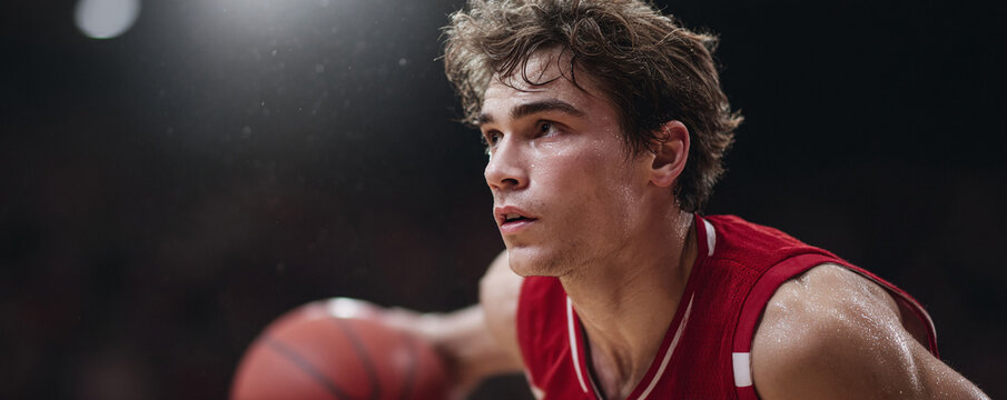 Intense focus on a basketball players face. Sweat glistens as hes poised midgame. Evokes determination, athletic prowess, and dedication. Great for sports, fitness, motivation.