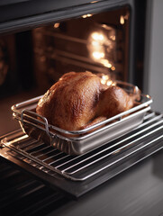 Golden roasted fowl inside an oven. Perfect for cooking, holiday, or food themes. Symbolizes warmth, tradition, and homecooked meals. Festive celebration.